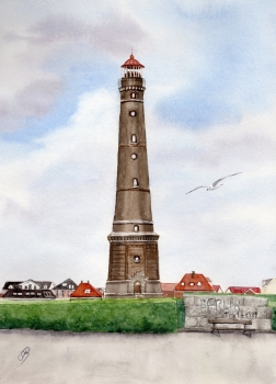 Poster DIN-A3  Aquarell Maritim Kunst Druck Kunstdruck Nordsee Insel Borkum Neuer Leuchtturm Strand Meer Dünen